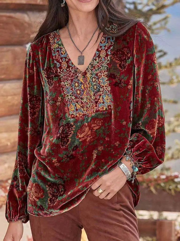 Fashion V Neck Long Sleeve Ethnic Loose Regular Blouse