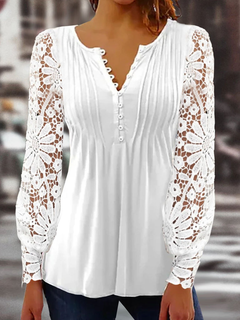 Loose Long Sleeve Notched Plain Hollow Out Fashion Regular Blouse
