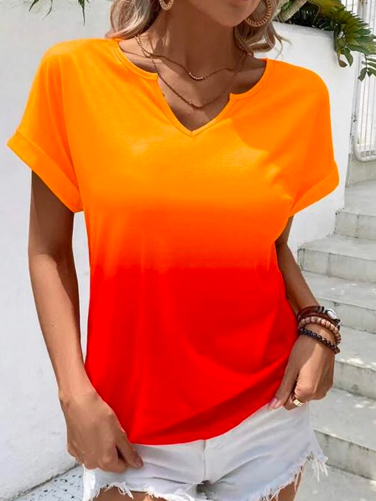 Fashion Short Sleeve Notched Ombre Loose Mid-Long Blouse