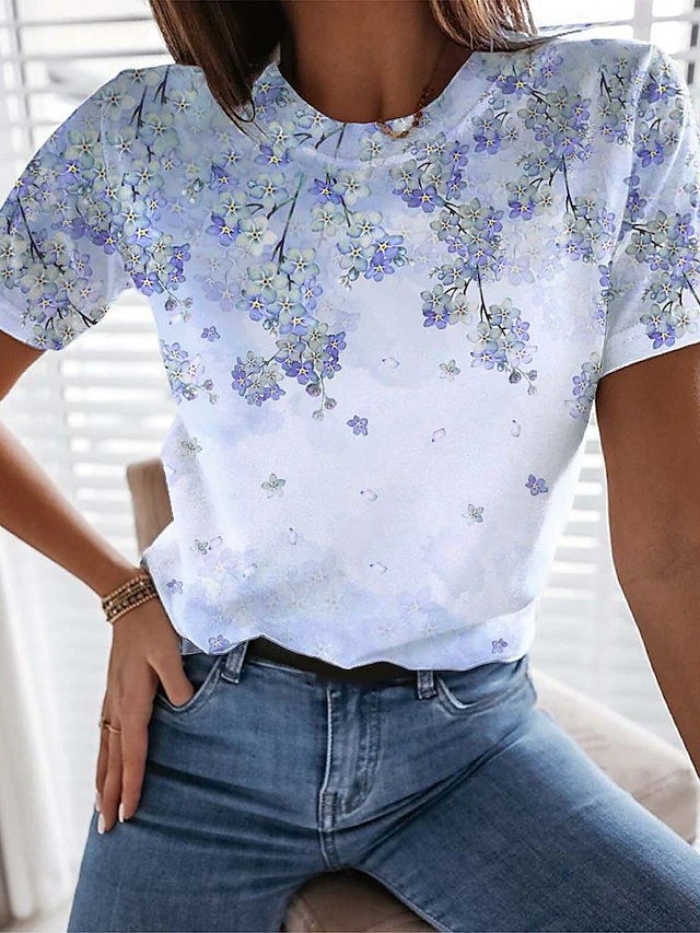 Fashion Short Sleeve Crew Neck Floral Casual Regular T-Shirt