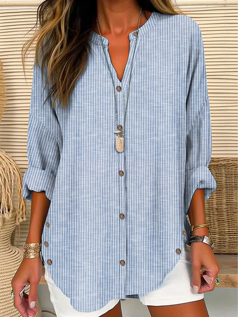 Fashion Long Sleeve Shirt Collar Striped Loose Mid-Long Shirt