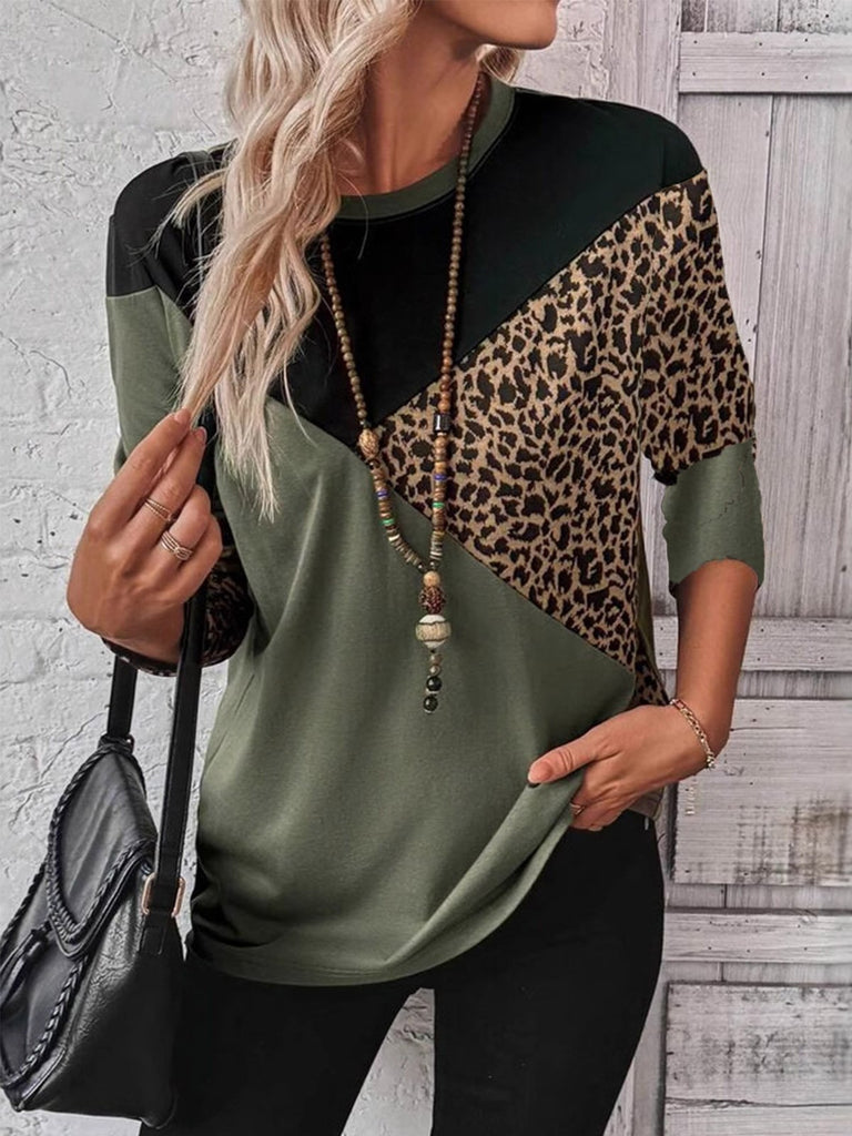 Fashion Crew Neck Long Sleeve Color Block Casual Regular T-Shirt