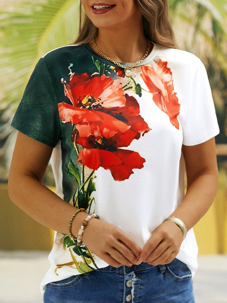 Fashion Short Sleeve Crew Neck Floral Regular T-Shirt