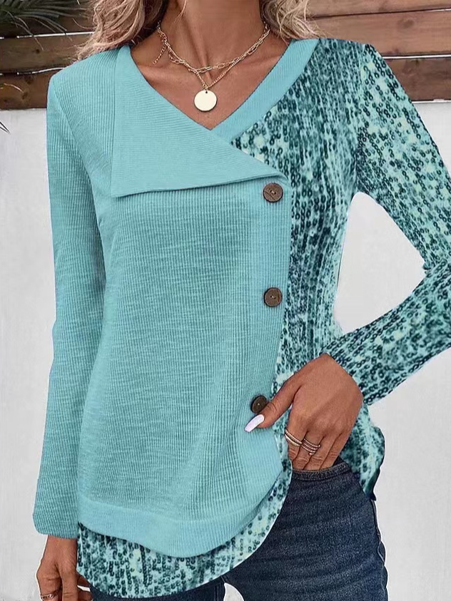 Fashion V Neck Long Sleeve Plain Loose Regular Blouse