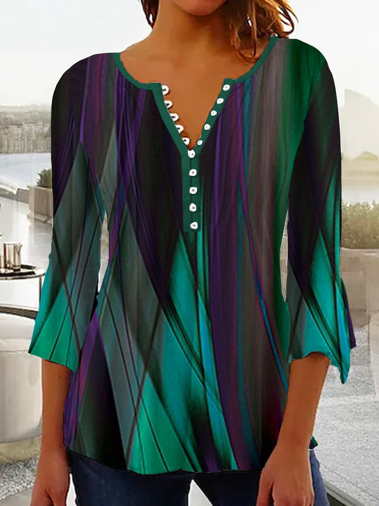 Fashion 3/4 Sleeve Crew Neck Random Print Loose Mid-Long T-Shirt