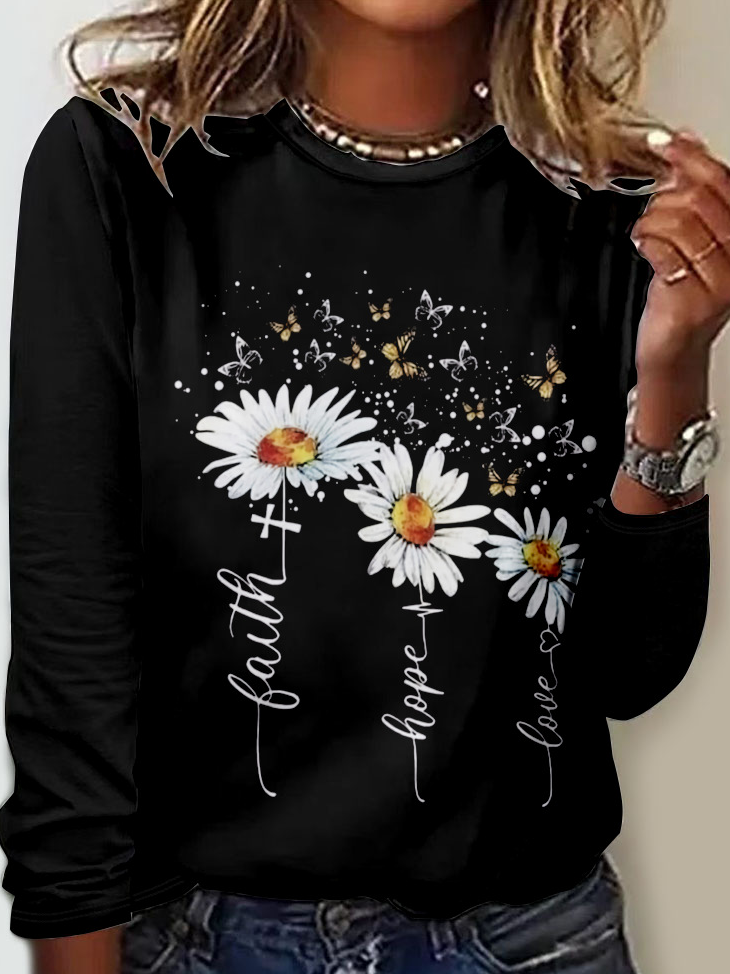 Fashion Crew Neck Long Sleeve Floral Casual Regular T-Shirt