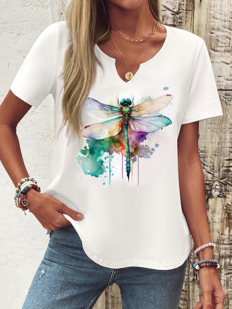 Casual Short Sleeve Notched Dragonfly Fashion Regular T-Shirt
