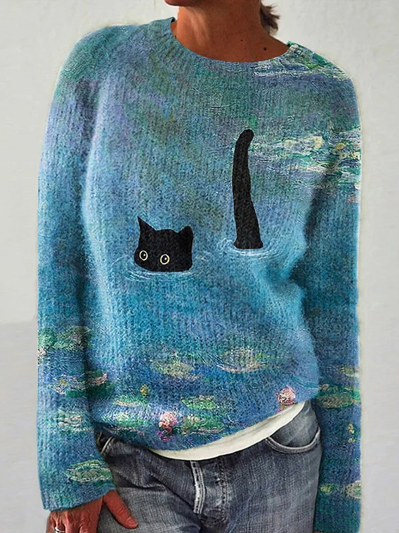 Simple Crew Neck Long Sleeve Cat Printing Loose Regular Sweater