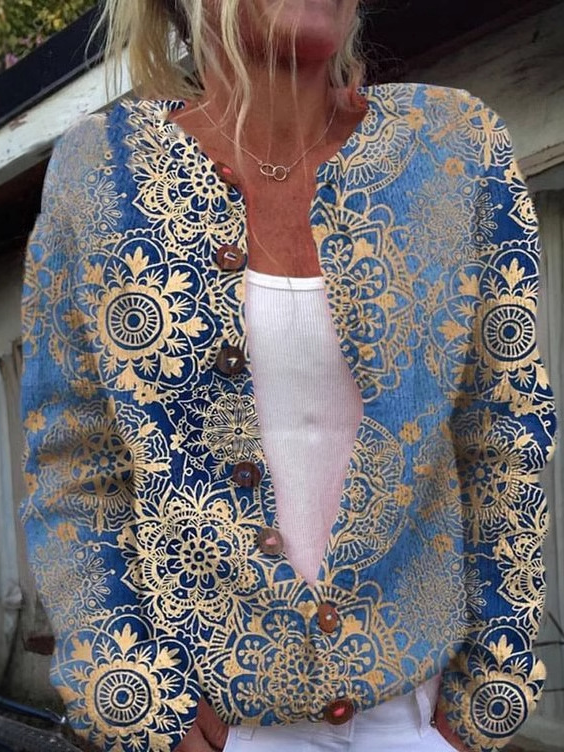 Loose Crew Neck Long Sleeve Floral Fashion Regular Jacket