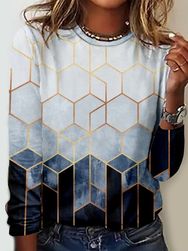 Fashion Crew Neck Long Sleeve Geometric Casual Regular T-Shirt