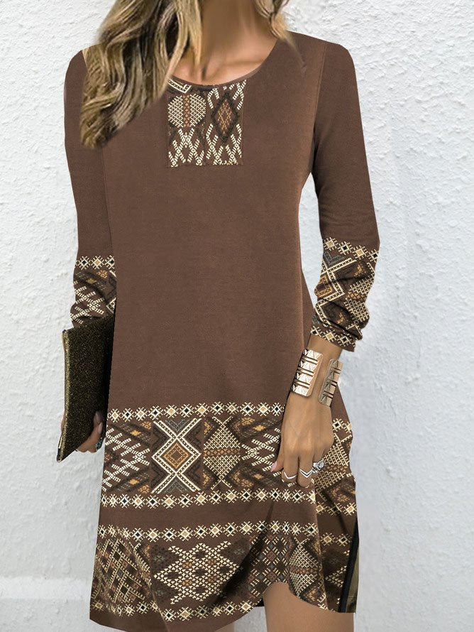 Vintage Crew Neck Long Sleeve Ethnic Loose Short Dress