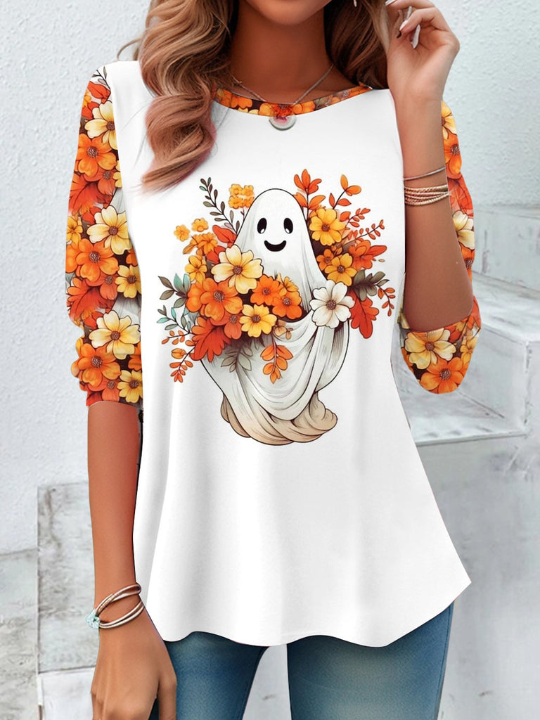 Vintage Crew Neck Long Sleeve Floral Halloween Loose Regular Blouse