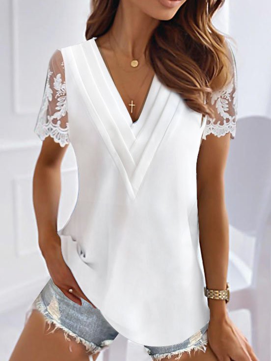 Loose V Neck Short Sleeve Plain Fashion Regular Blouse