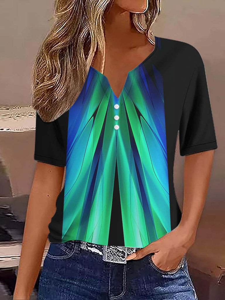 Casual Short Sleeve Notched Abstract Floral Fashion Regular T-Shirt