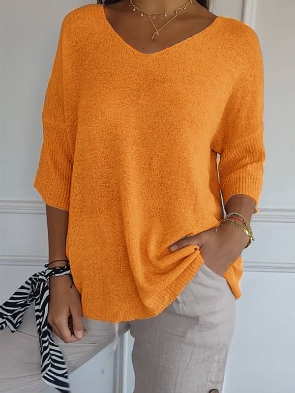 Fashion 3/4 Sleeve V Neck Plain Loose Regular Sweater