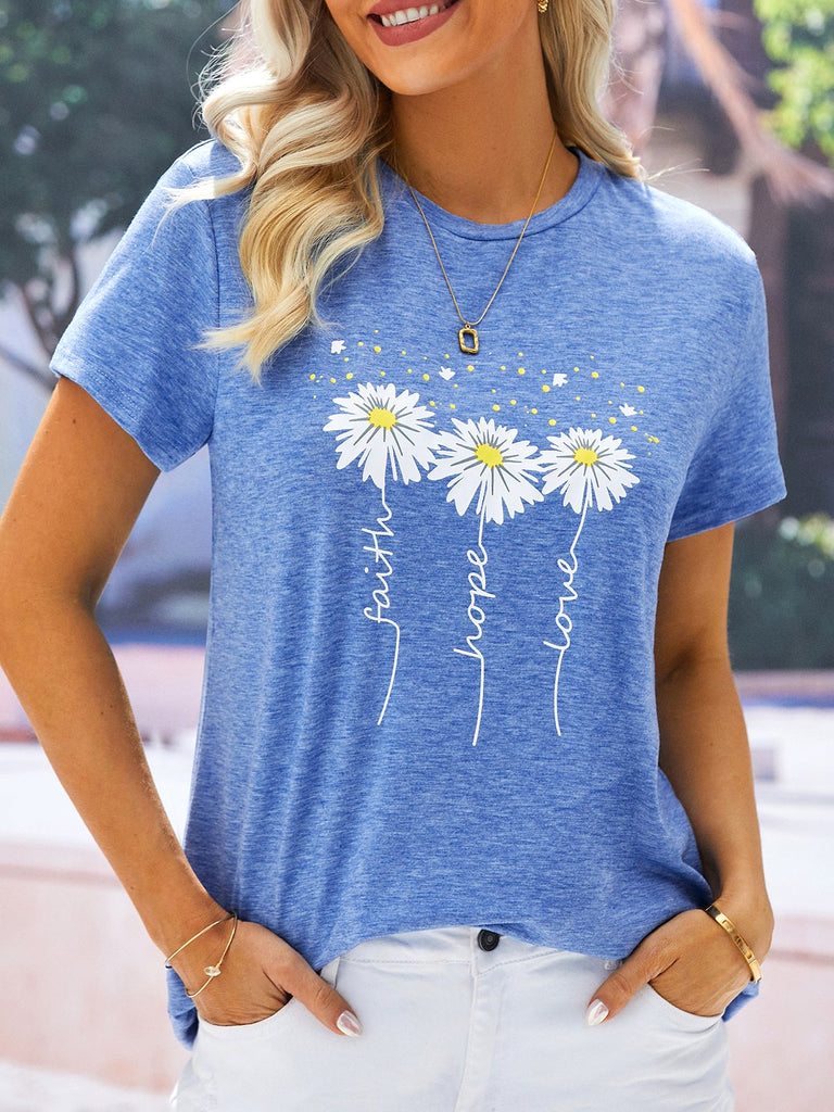 Fashion Short Sleeve Crew Neck Floral Text Letters Loose Regular T-Shirt