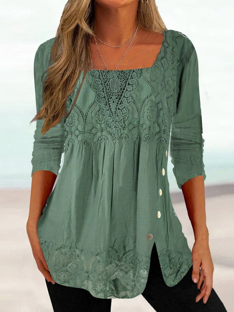 Long Sleeve Square Neck Plain Fashion Regular Blouse