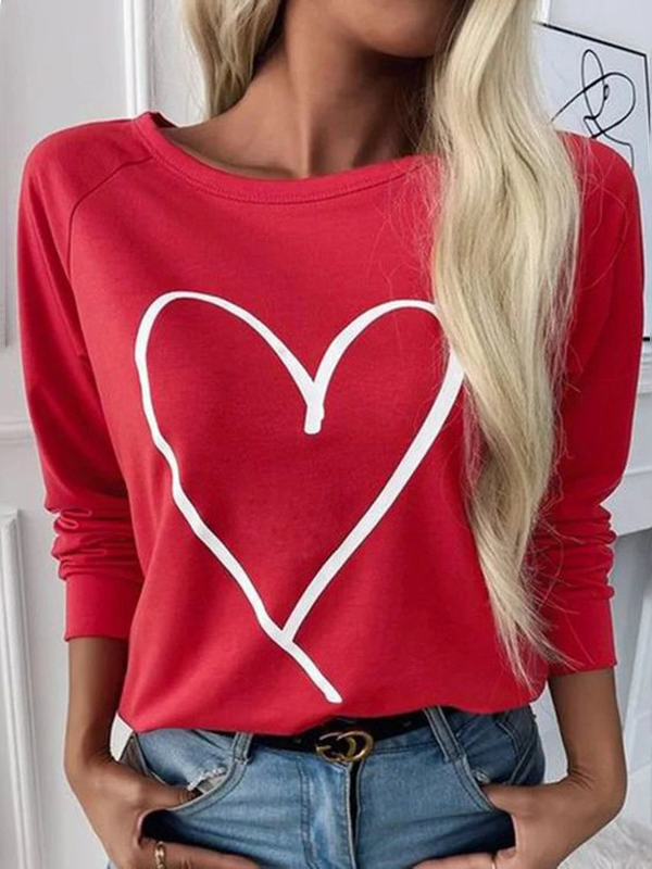 Fashion Crew Neck Long Sleeve Heart/Cordate Casual Regular T-Shirt
