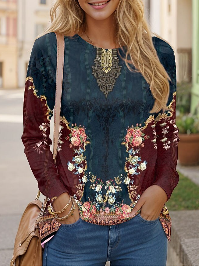 Fashion Crew Neck Long Sleeve Ethnic Casual Regular T-Shirt