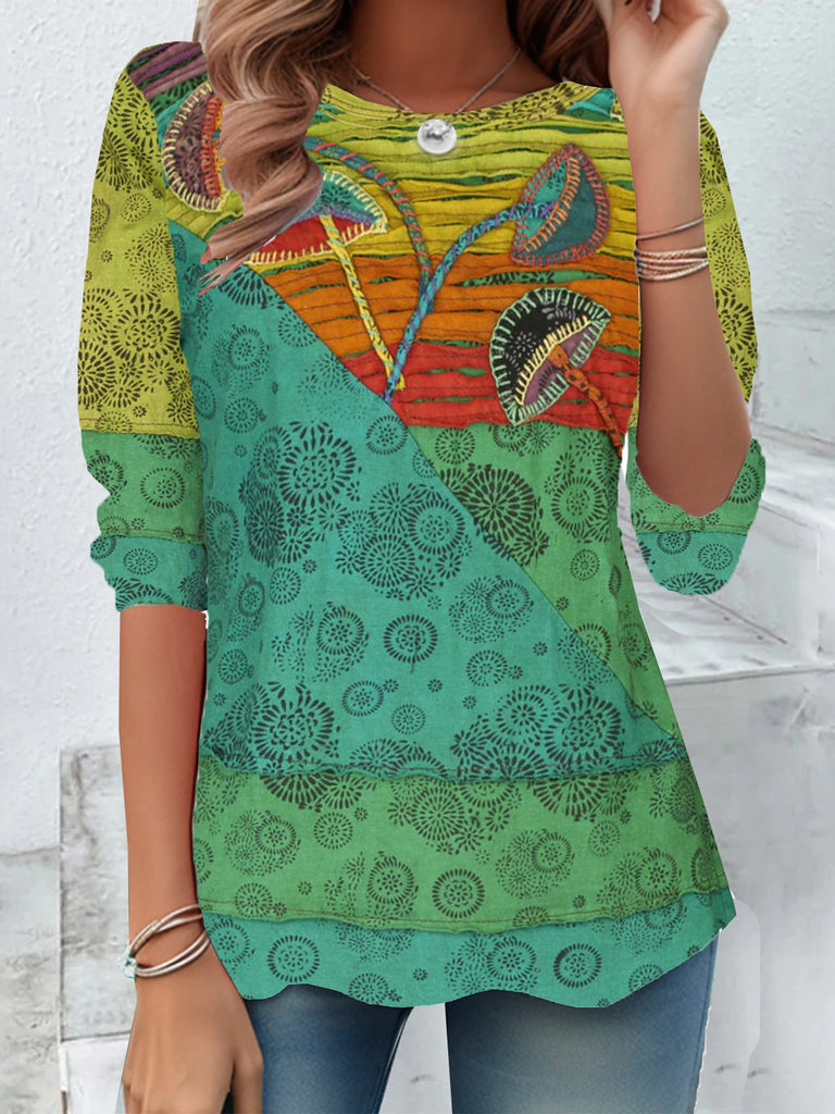Vintage Crew Neck Long Sleeve Color Block Loose Regular T-Shirt