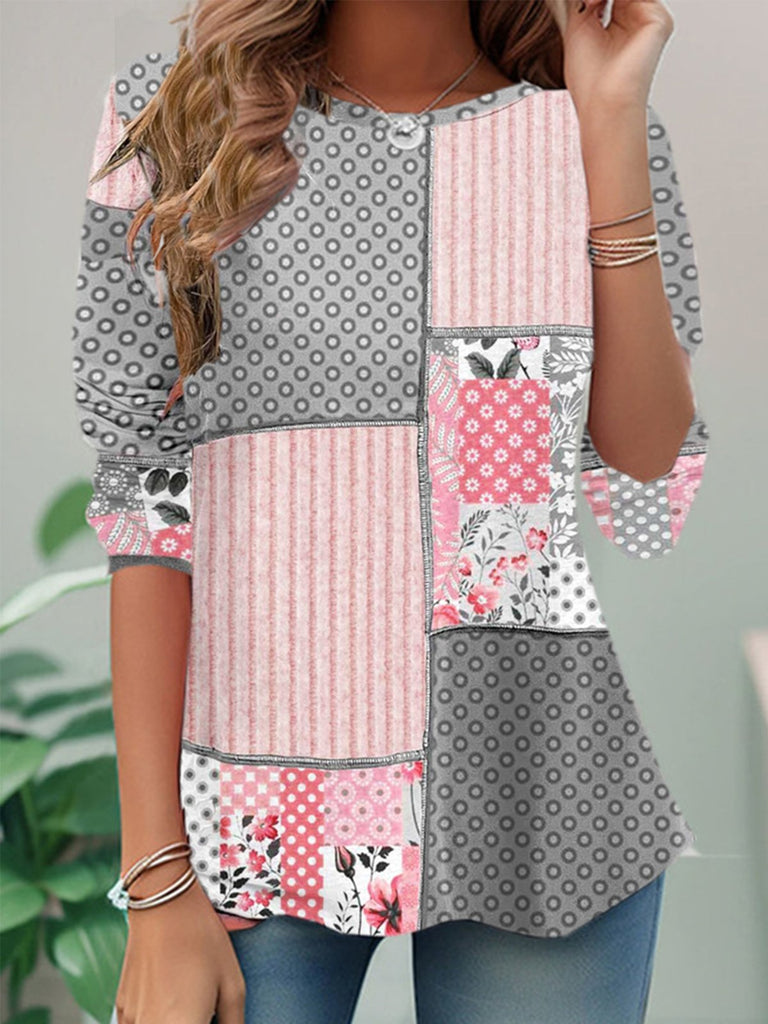 Casual Crew Neck Long Sleeve Geometric Floral Fashion Regular T-Shirt