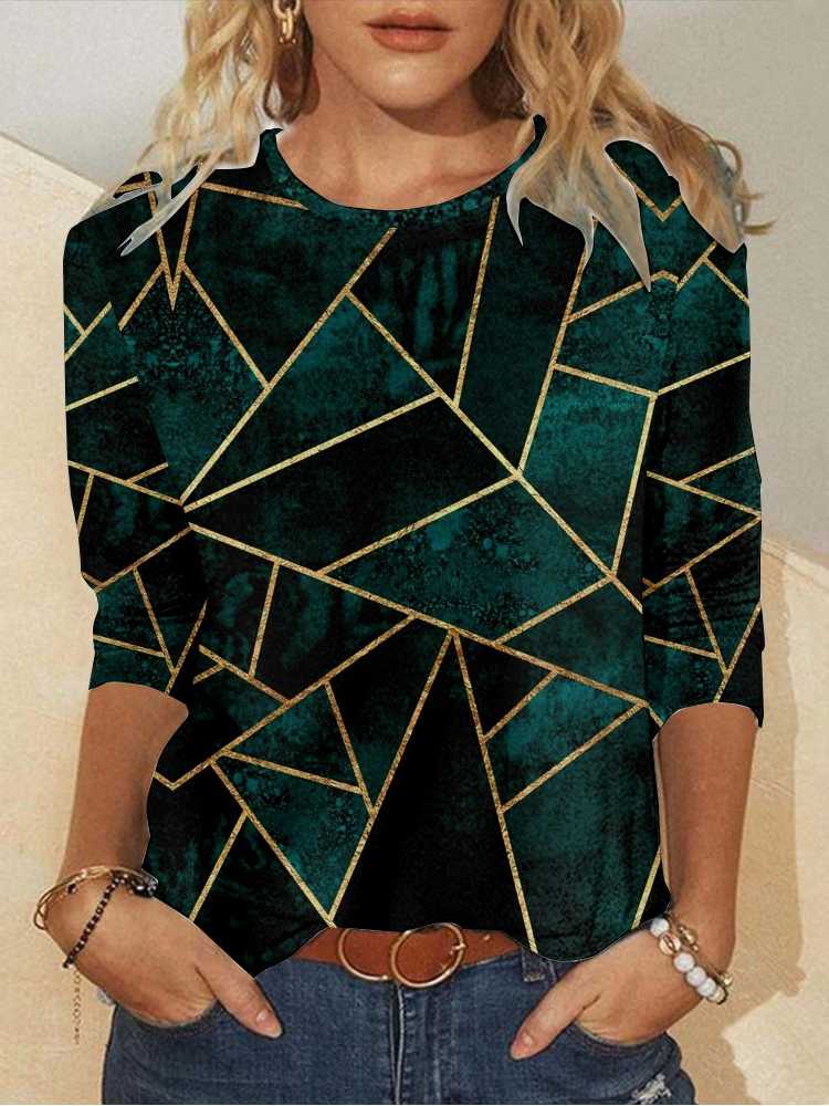 Fashion Crew Neck Long Sleeve Geometric Casual Regular T-Shirt