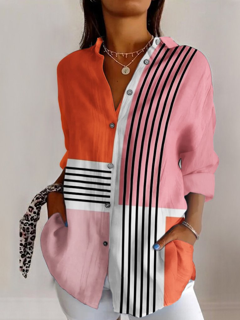 Fashion Long Sleeve Shirt Collar Geometric Regular Shirt