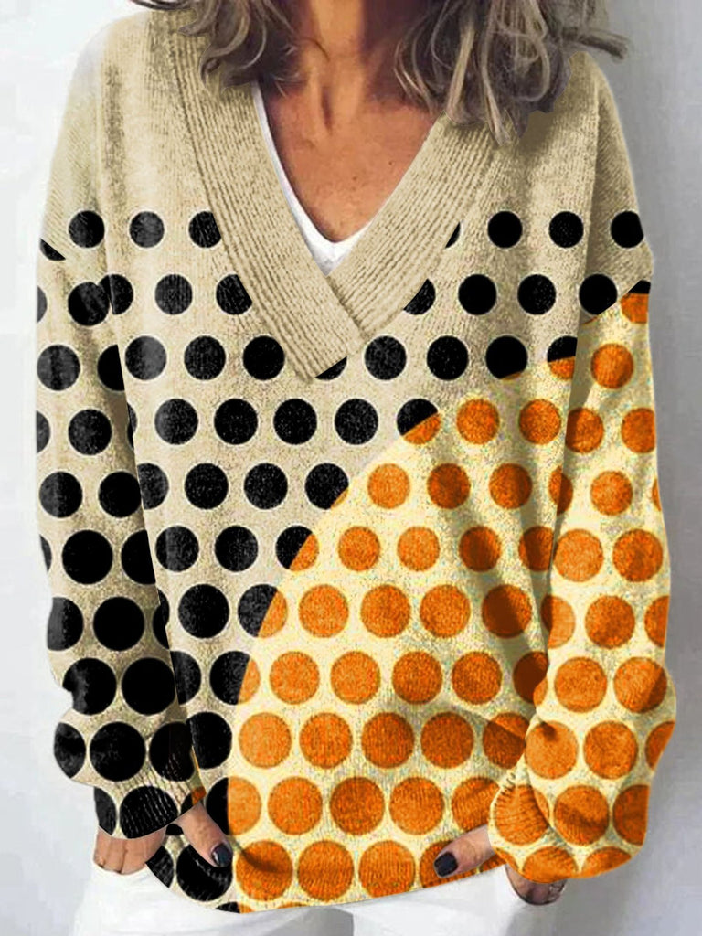 Vintage V Neck Long Sleeve Geometric Loose Regular Sweater
