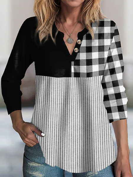 Fashion V Neck Long Sleeve Striped Loose Regular Blouse