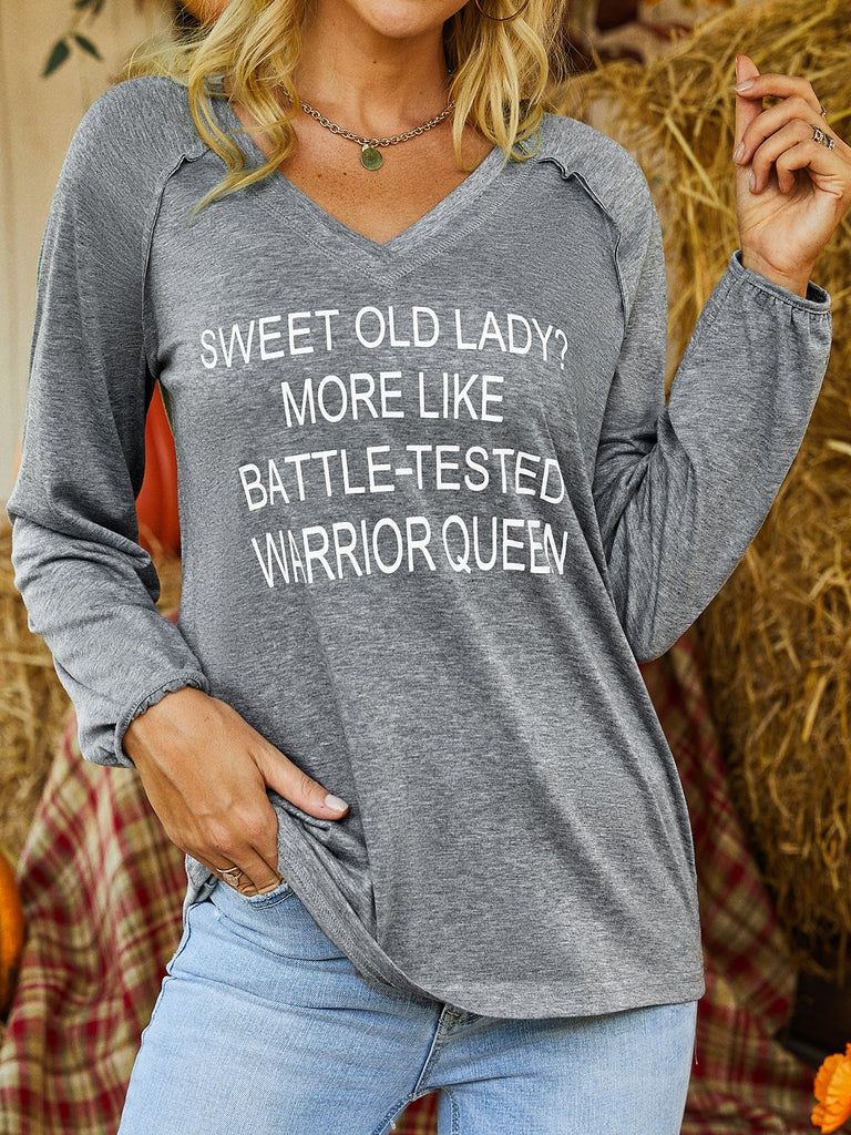 Loose V Neck Long Sleeve Letter Fashion Regular T-Shirt