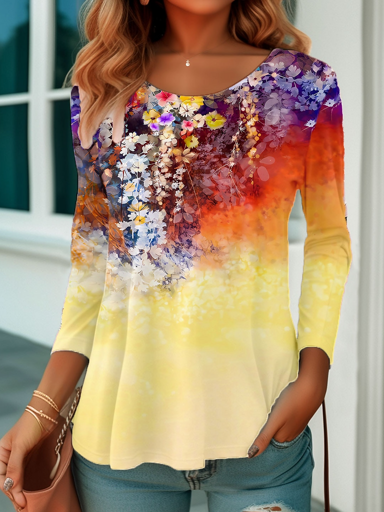 Casual Crew Neck Long Sleeve Floral Fashion Regular T-Shirt