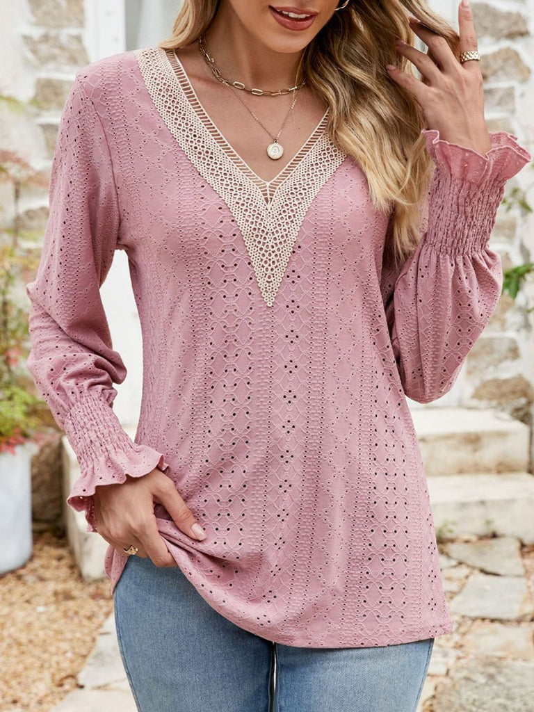 V Neck Long Sleeve Plain Fashion Regular Blouse