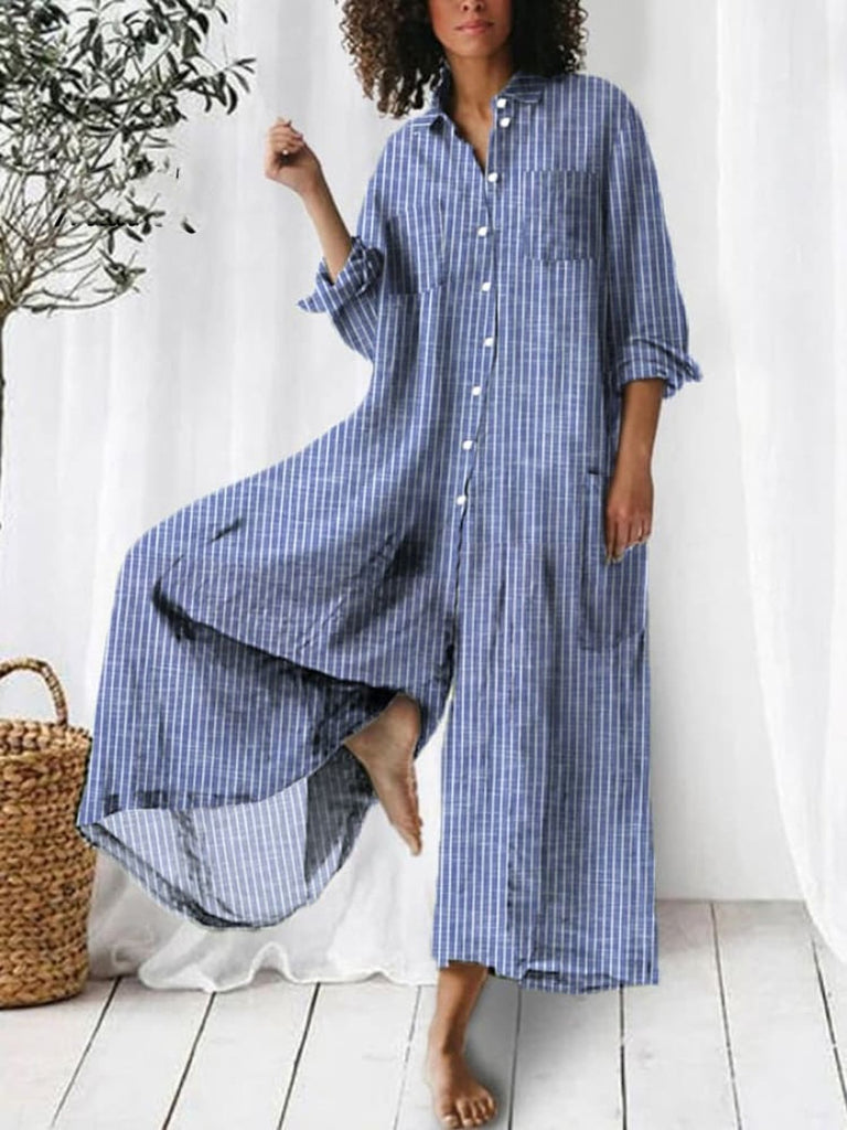 Loose Short Sleeve Shawl Collar Striped Fashion Long Jumpsuit