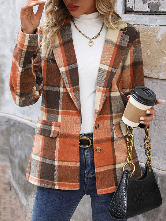 Lapel Collar Long Sleeve Plaid Fashion Regular Blazers