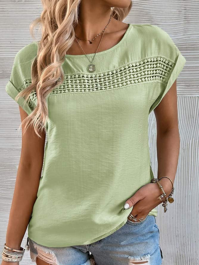 Fashion Short Sleeve Crew Neck Plain Loose Regular Blouse