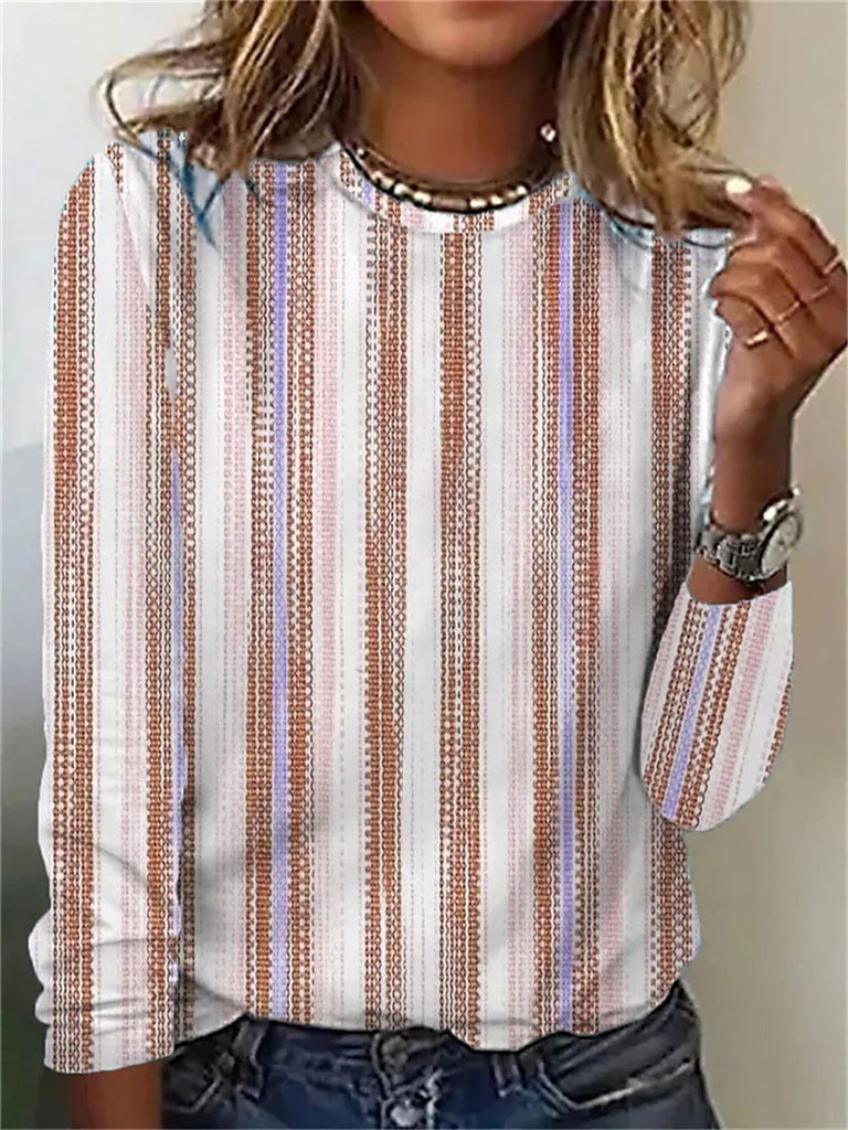 Fashion Crew Neck Long Sleeve Striped Loose Regular T-Shirt