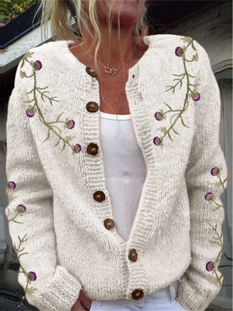 Loose Stand Collar Long Sleeve Floral Fashion Regular Cardigan