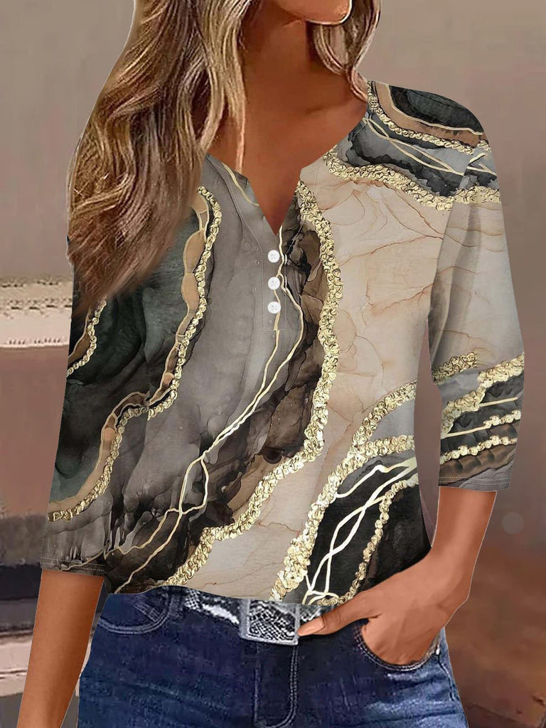 Fashion 3/4 Sleeve Notched Random Print Loose Regular T-Shirt