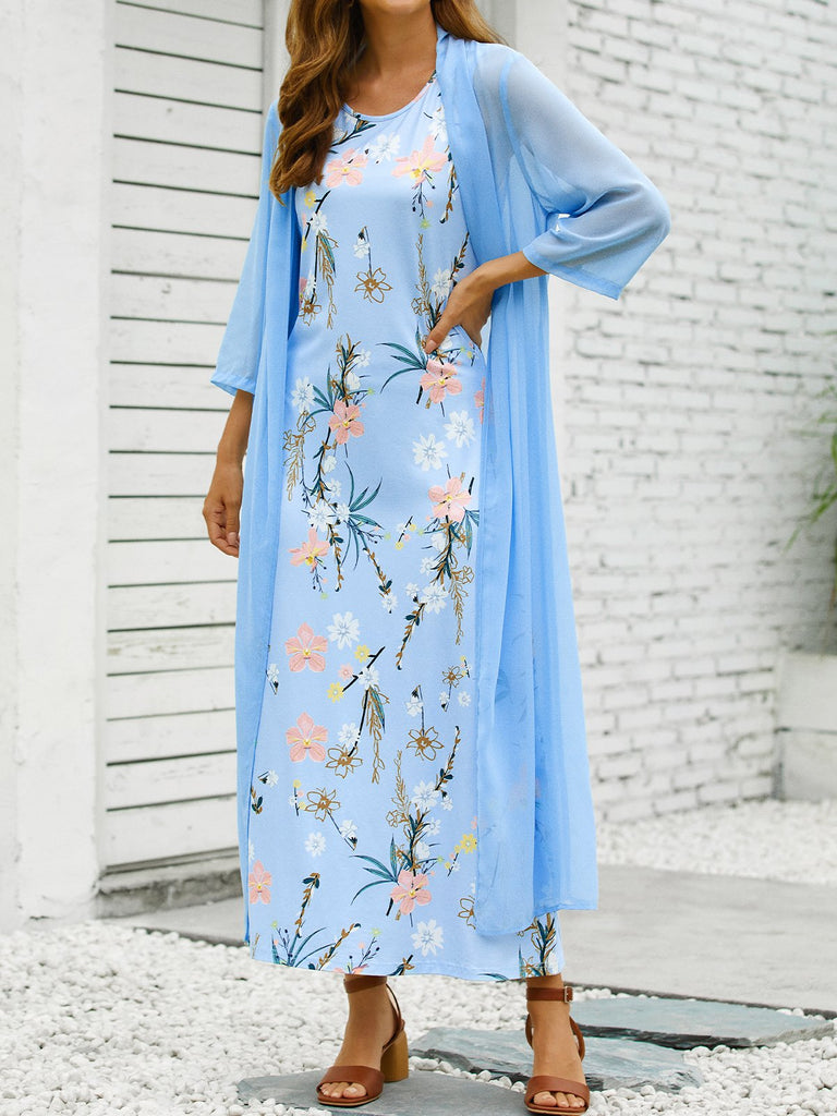 Fashion Half Sleeve Crew Neck Floral Loose Maxi Dress
