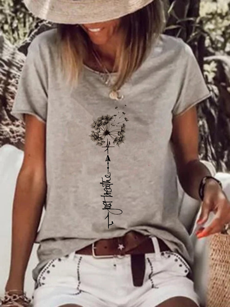 Casual Short Sleeve Crew Neck Dandelion Fashion Regular T-Shirt