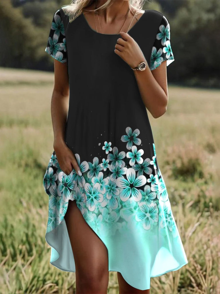 Fashion Short Sleeve Crew Neck Floral Loose Midi Dress