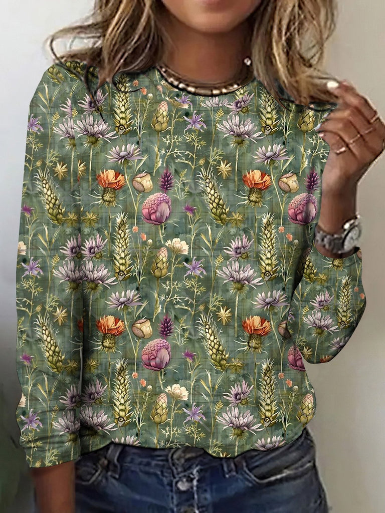 Vintage Crew Neck Long Sleeve Plaid Regular T-Shirt
