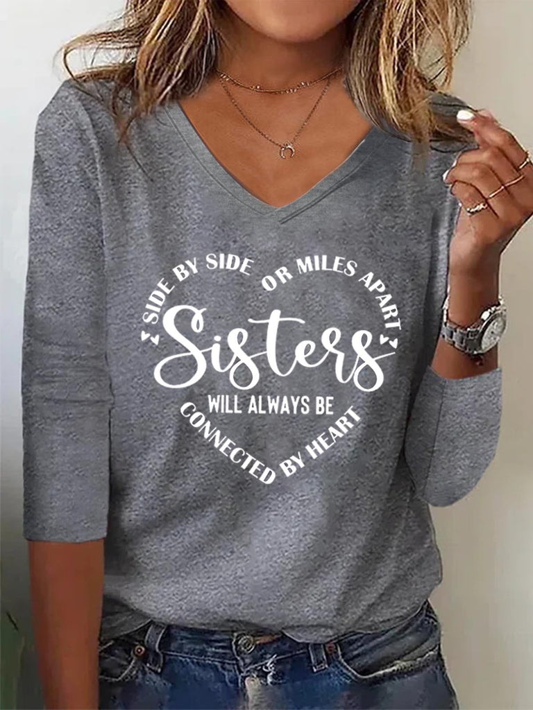 Casual V Neck Long Sleeve Letter Pattern Regular T-Shirt