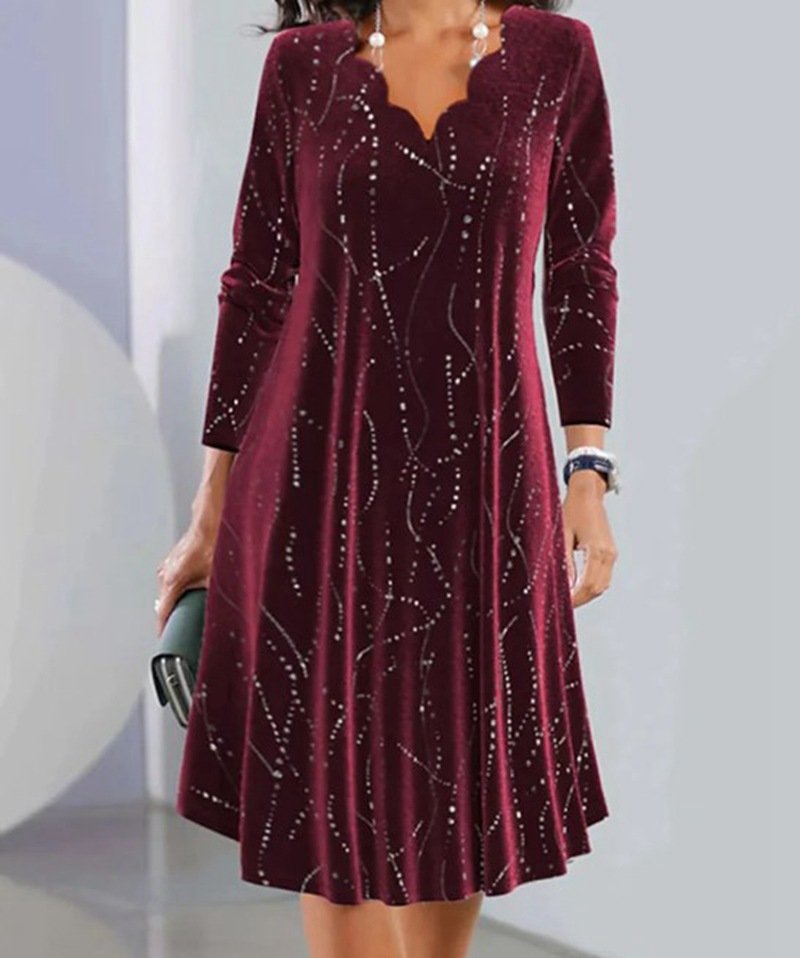 Fashion V Neck Long Sleeve Geometric Midi Dress