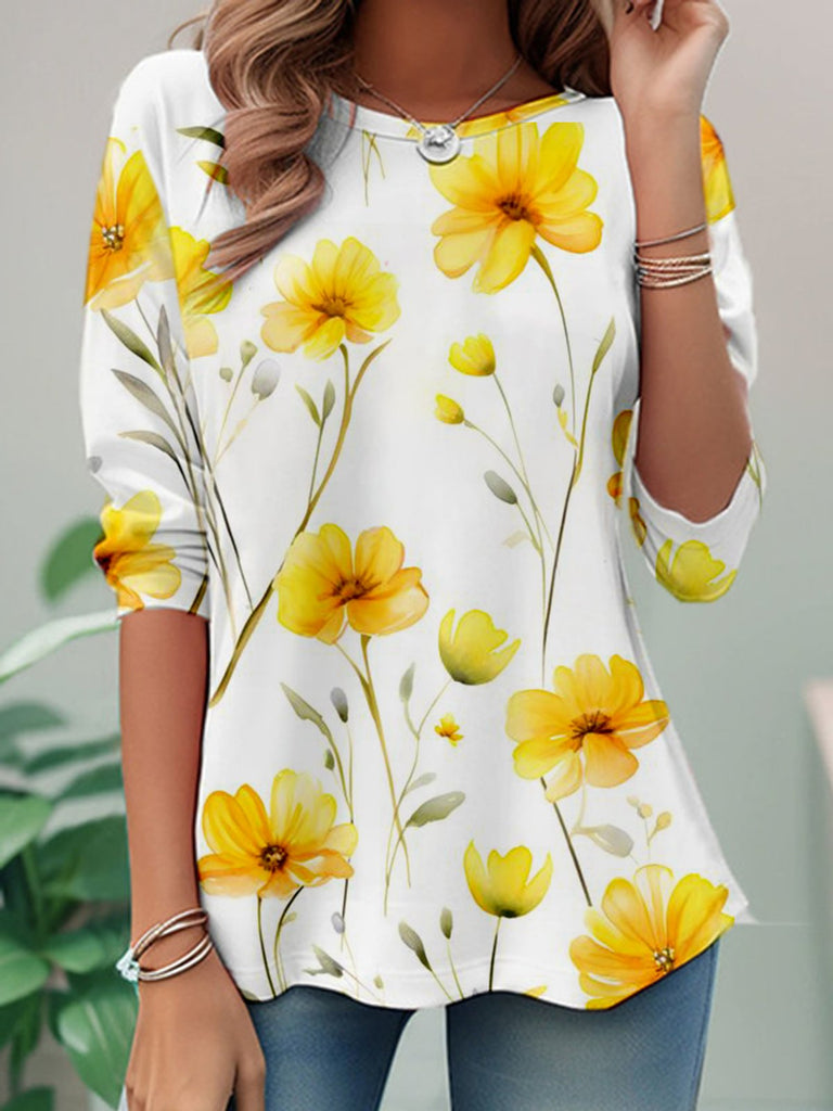 Fashion Crew Neck Long Sleeve Floral Casual Regular T-Shirt