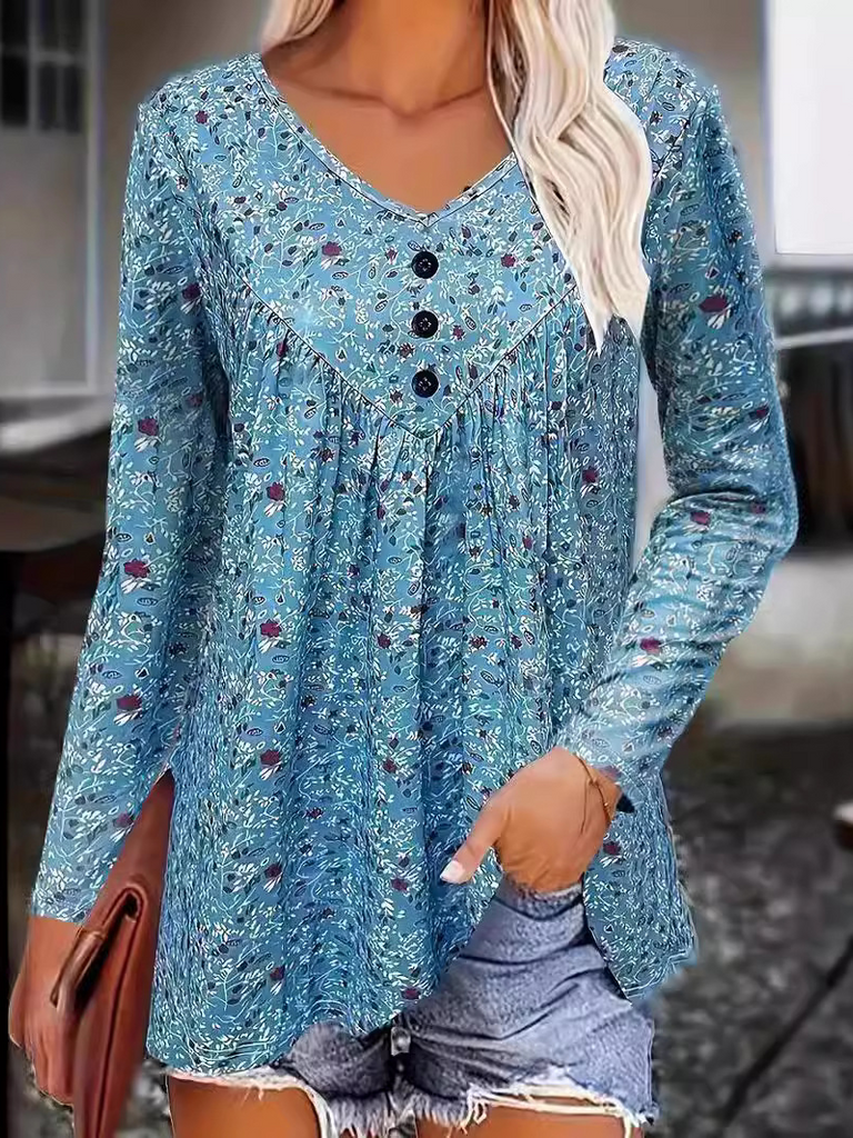 Loose Crew Neck Long Sleeve Floral Fashion Mid-Long Blouses