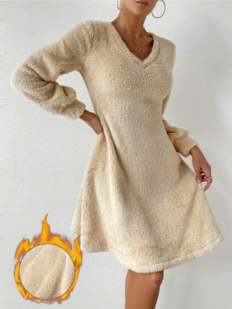 Fashion V Neck Long Sleeve Plain Loose Short Dress
