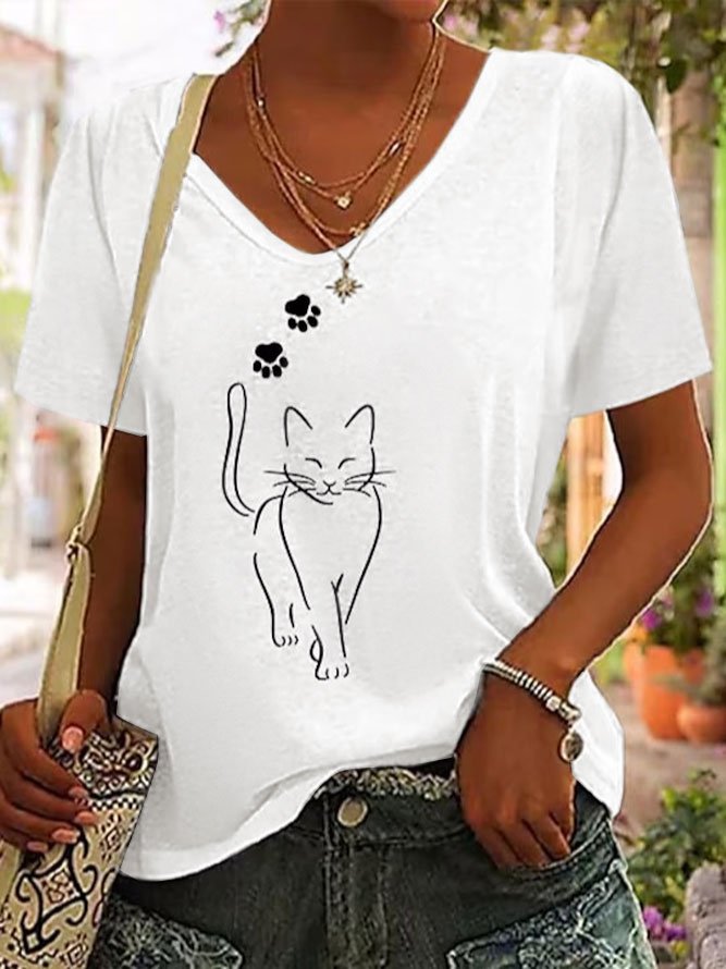 Loose V Neck Short Sleeve Cat Fashion Regular T-Shirt