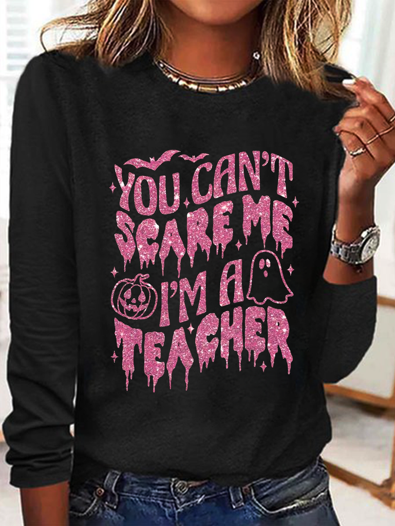 Fashion Crew Neck Long Sleeve Text Letters Loose Regular T-Shirt
