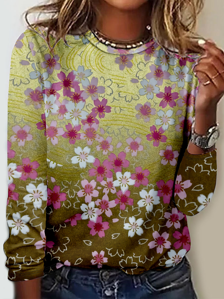 Fashion Crew Neck Long Sleeve Floral Casual Regular T-Shirt